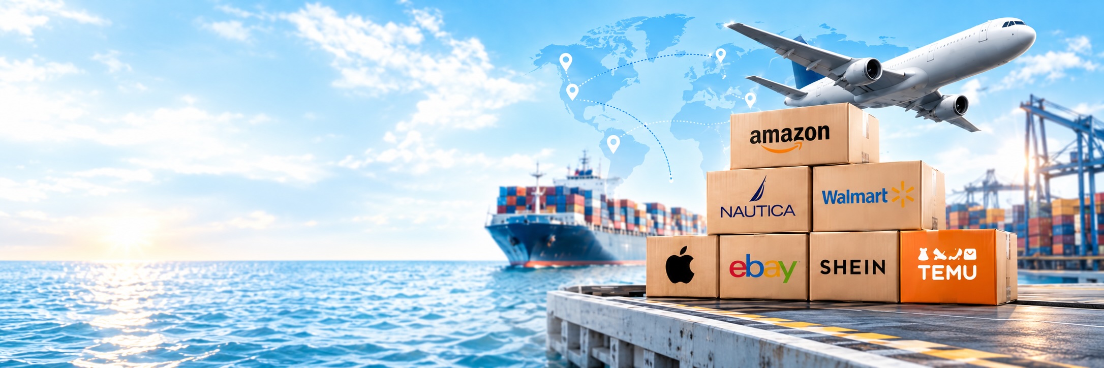 Amazon, Walmart, eBay, Shein and Temu containers next to a cargo ship and an airplane