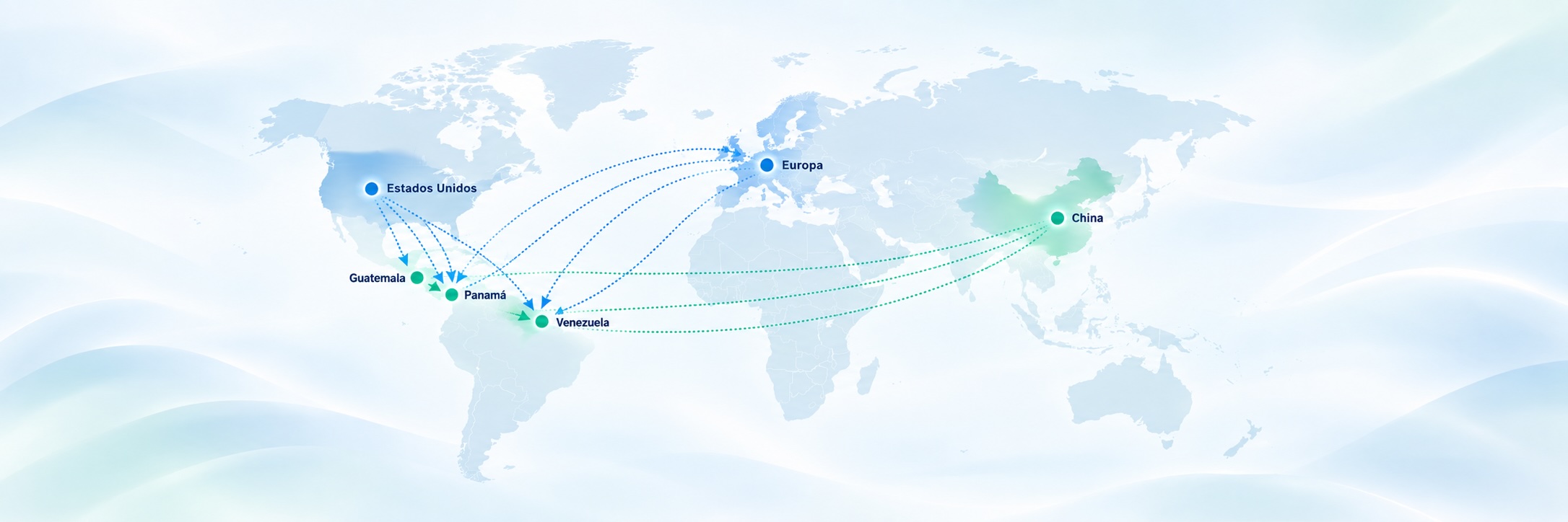 Map of international courier cargo routes between the United States, Guatemala, Panama, Venezuela, Europe and China